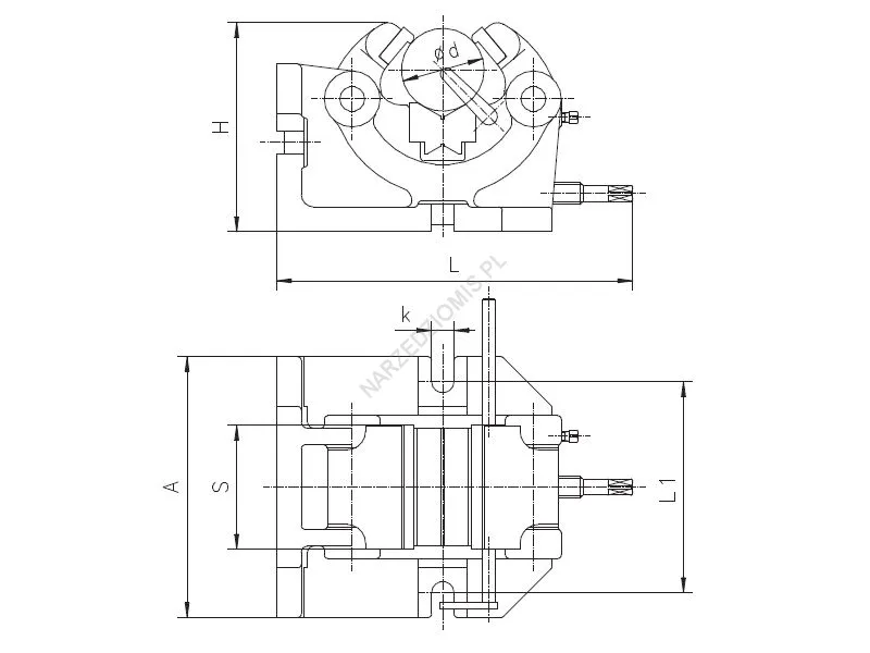 Rysunek techniczny: Imadło maszynowe kątowe do mocowania wałków 6546 100 - BISON-BIAL